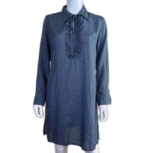 Delfina Womens Size L Blue Pinwheel Ditsy Floral Silk Tunic Shirt Dress Pullover